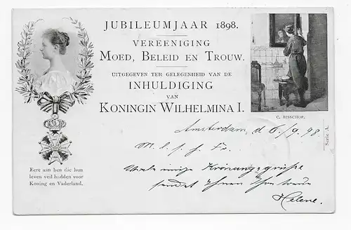 post card Wilhelmina I, Amsterdam 1898, P22, nach München Maschinenausstellung