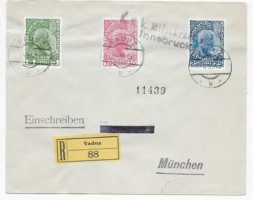 Einschreiben Vaduz, MiNr. 1-3, nach München 1915