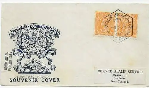 FDC Australias 150th anniversary, Philatelic Exhibition, 1938, Sydney