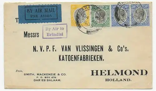 air mail Daresalam to Brindisi, to Helmond, 1935