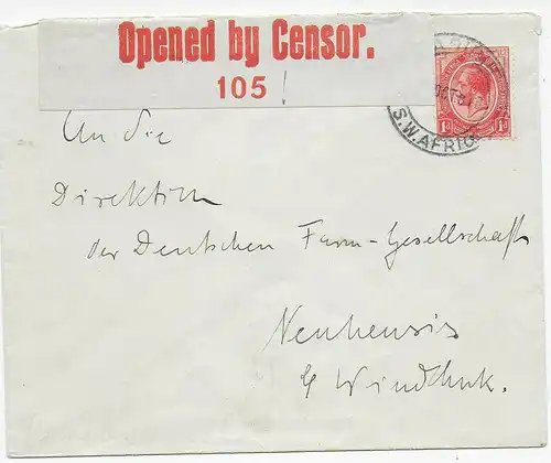 Cover 1916 to Windhuk, Censor, Deutsche Farm Gesellschaft