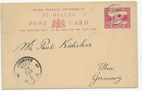 St. Helena, post card 1897 to Ulm/Germany
