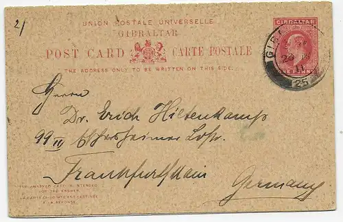 post card Gibraltar to Frankfurt/Germany, with reply card, 1911