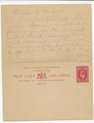 post card Gibraltar to Frankfurt/Germany, with reply card, 1911