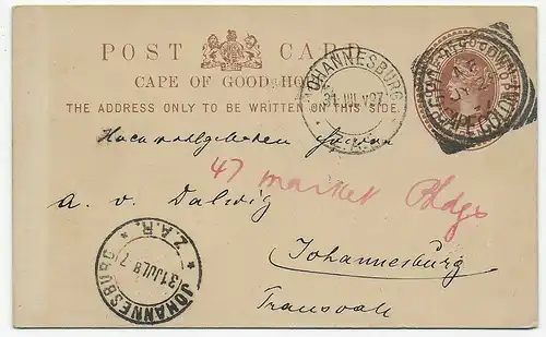 Post card Cape of good hope to Johannesburg 1897