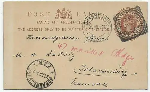 Post card Cape of good hope to Johannesburg 1897