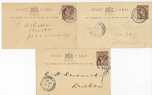 3x post card to Johannesburg/Durban 1897-1902, 