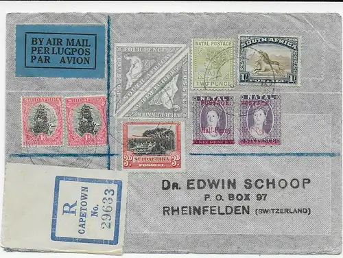 air Mail registered Capetown to Rheinfelden, 1935