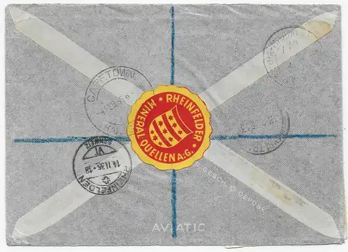 air Mail registered Capetown to Rheinfelden, 1935