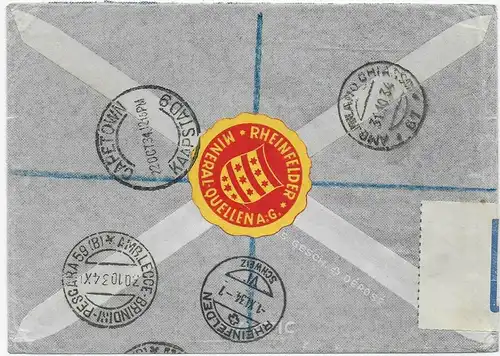 air Mail registered Capetown to Rheinfelden, 1934