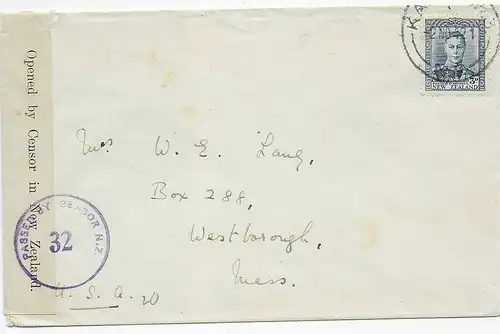 cover Wellington, 1942 to USA, censor