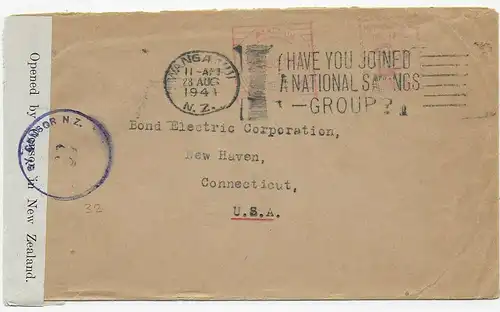 cover Wanganui 1941 to New Haven/Con USA, censor