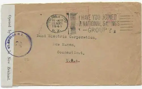 cover Wanganui 1941 to New Haven/Con USA, censor