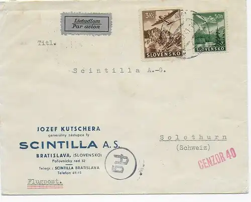 Air Mail Bratislava to Solothurn, 1941, censorship