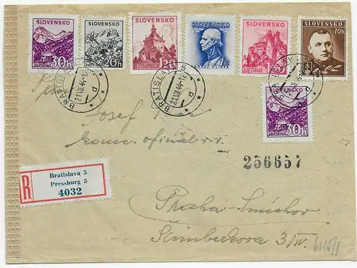 Einschreiben Bratislava nach Prag, 1944, Zensur