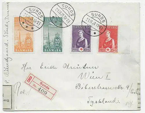 Einschreiben Sunds nach Wien, 1939: Zollamtlich geöffnet