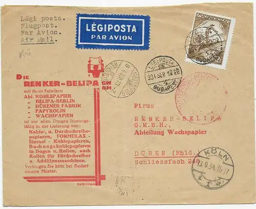 Ungarn Budapest Luftpost 1934 nach Köln, Kohlepapier Fabrik