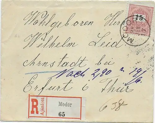 Einschreiben Modor /Modra nach Erfurt 1917