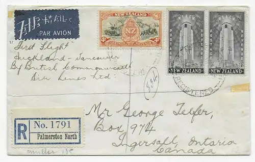 Palmerston North, Luftpost, Einschreiben nach Ingersoll Ontario, 1947