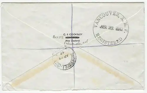 Palmerston North, Luftpost, Einschreiben nach Ingersoll Ontario, 1947