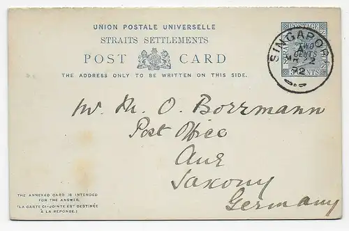 Post card with reply card: Singapore to Germany, 1892