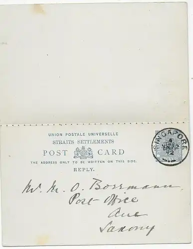 Post card with reply card: Singapore to Germany, 1892