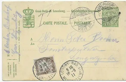 Post card Luxembourg 1911 to France, Taxe