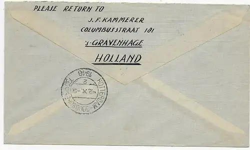 KLM Luftpost - air mail: Amsterdam - Süd Afrika - Johannesburg, Retour, 1946
