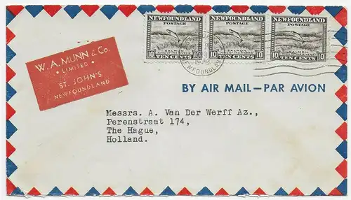 St. John's via air mail to The Hague, NL, 1949