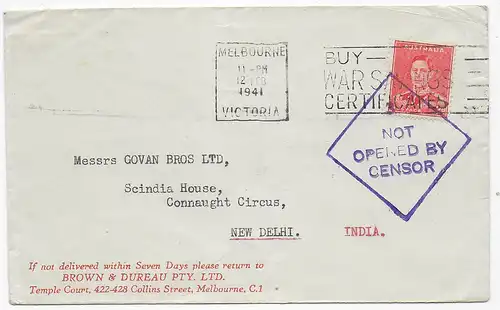 Melbourne 1941 to New Delhi/India, Not opened by censor: Buy War savings Certif.
