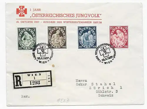 Wien Einschreiben Winterhilfsmarken Jungvolk, 1937 nach Zürich