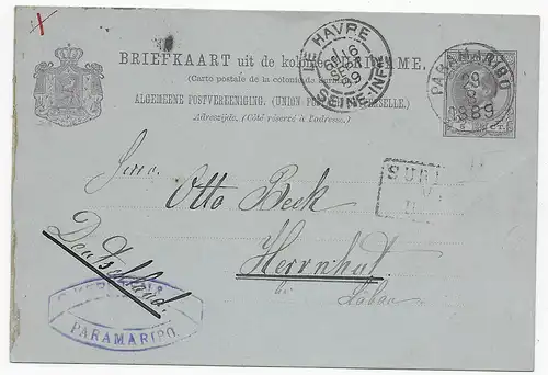 NL-Surinam: Paramaribo über Le Havre nach Herrnhut, 1889