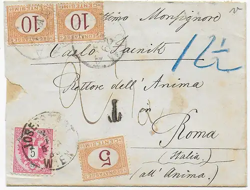 Brief von Josefstadt nach Rom, Taxe - Nachgebühr 1865, 3-seitig offen