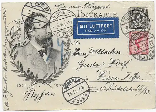 Luftpost Ganzsache von Stuttgart 1931 nach Wien