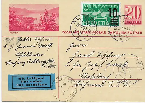 Luftpost Au/St. Gallen über Luxembourg und Frankreich in die Tschechei 1937