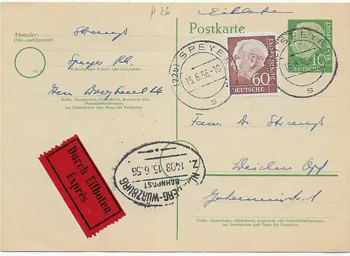 Eilboten Speyer 1956 nach Weiden, Bahnpoststempel Nürnberg-Würzburg