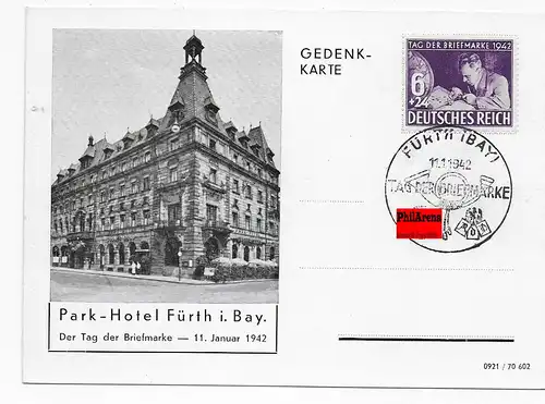 Gedenkkarte Tag der Briefmarke, 11.1.42, Park-Hotel Fürth