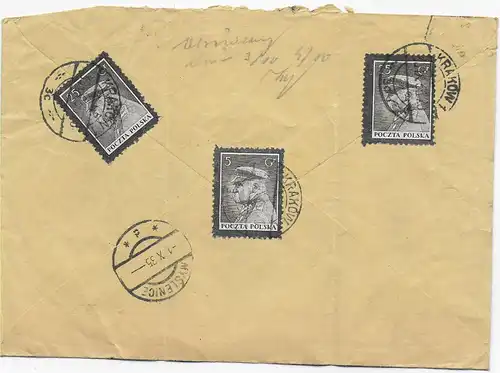 Krakau Einschreiben 1935 nach Myslenice, Marken rückseitig