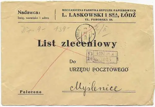 Lodz Einschreiben 1935 nach Myslenice, Marken rückseitig