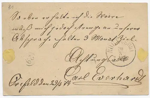 Ganzsache Crefeld 1874 nach Nürnberg