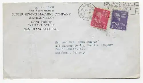 San Francisco CA nach Nürnberg, 1939: Singer Nähmaschinen, World's fair