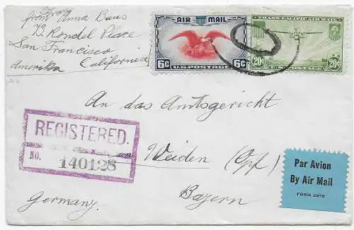 San Francisco, registered, air mail to Weiden/Germany 1939 