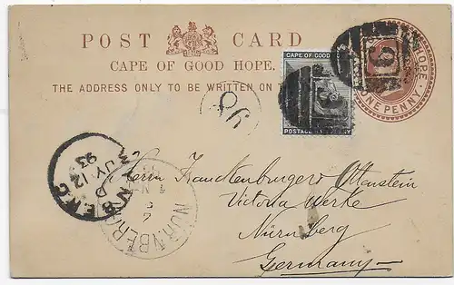 post card Capetowen 1893 to Nürnberg