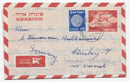 aerogramme, air mail, Jerusalem 1954 nach Nürnberg