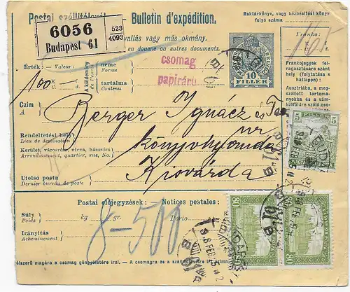 Paketkarte Budapest 1927 nach Kisvarda