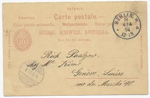 Postkarte Berlin 1894 nach Genf - Antwortpostkarte