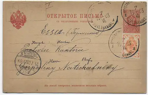 Postkarte mit Antwortkarte 1903 Russland nach Essen