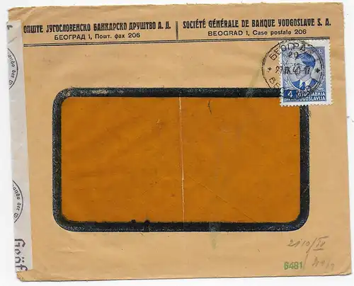 Bankbrief Beograd 1940 mit OKW Zensur