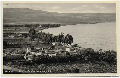 photo post card Galilee, Sea, See Genezarth und das Dorf Magdala nach München