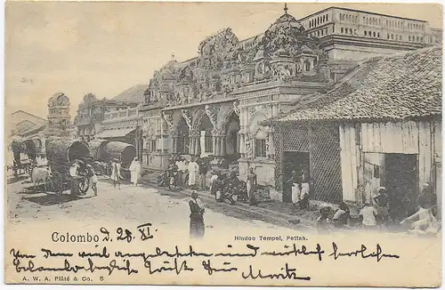 picture post card Colombo Hindoo Temple Pettah, 1901 to Lindau